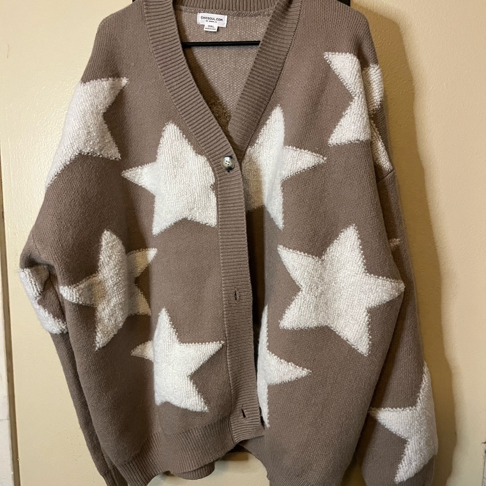Chic Soul Brown Tan Cardigan with  Creamy White Star Design
